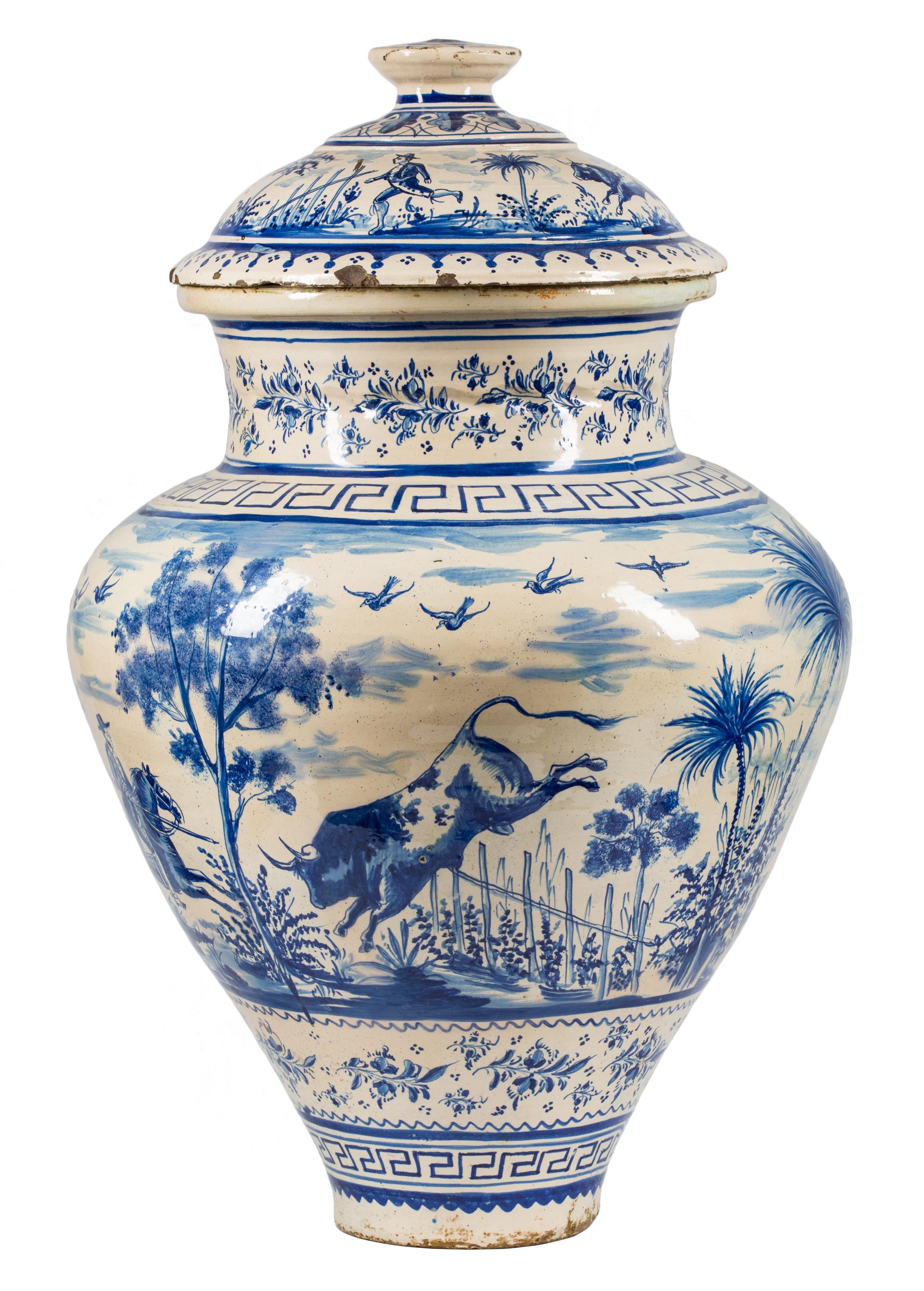 Glazed Large 19th Century Spanish Triana 'Orza' Ceramic Jar with Cover