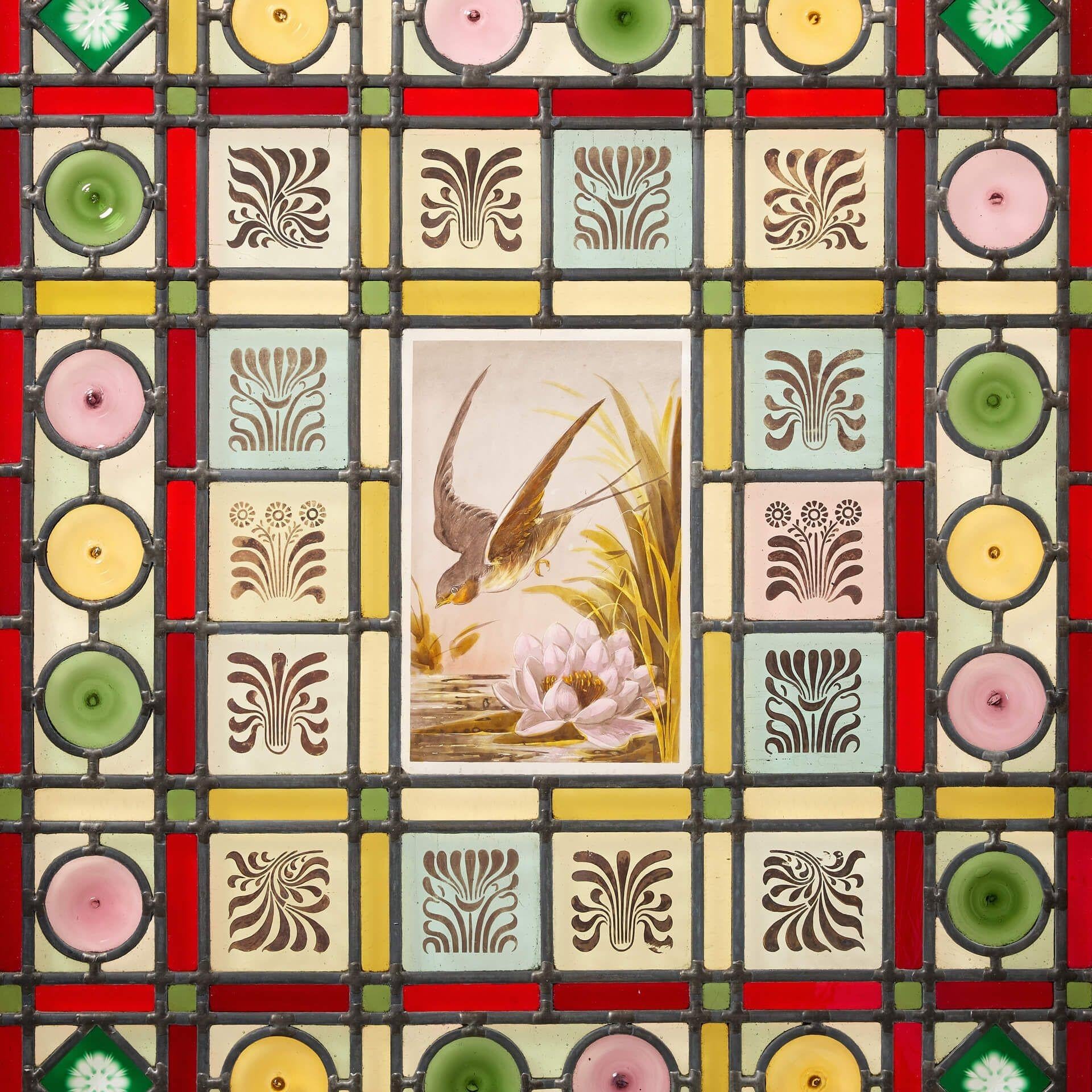 Victorian Large 19th Century Stained Glass Panel of Swallow Scene For Sale