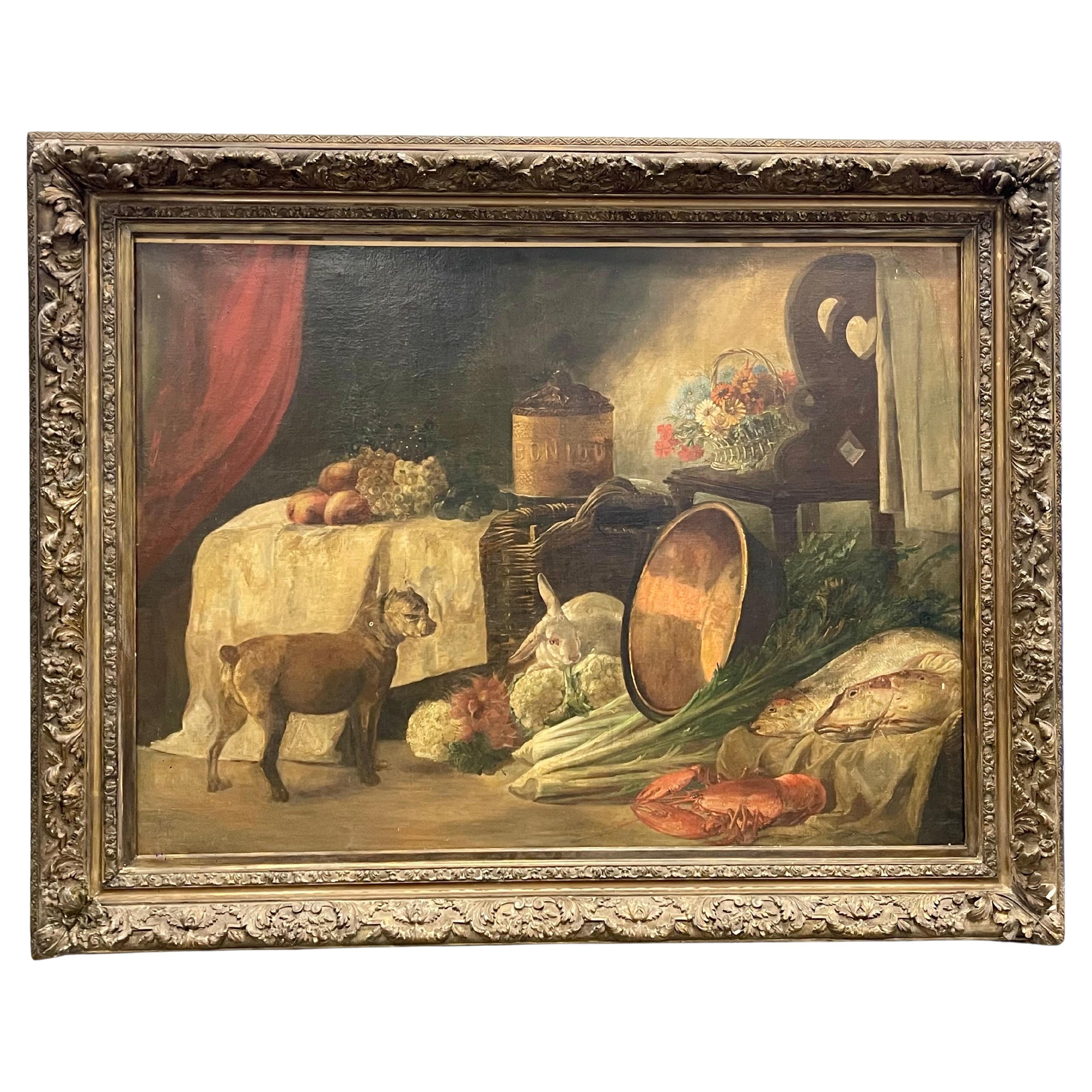 Large 19th Century Still life oil on Canvas in Original Carved-wood Frame