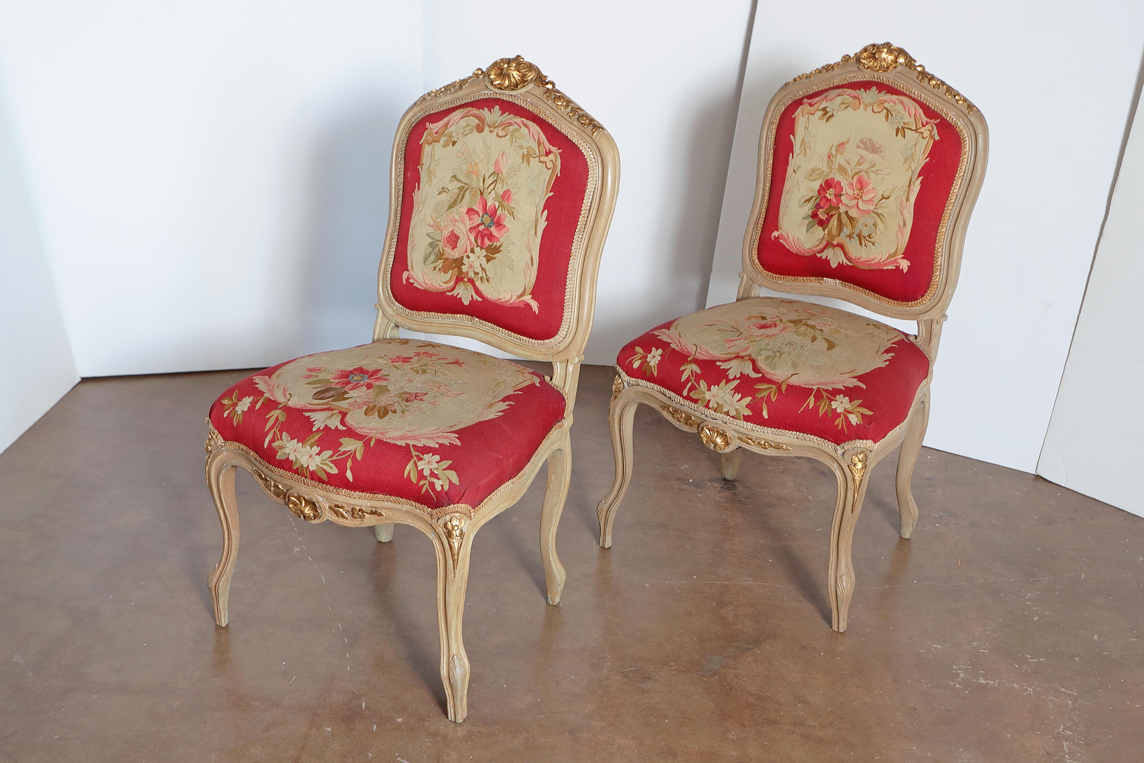 Gilt Large 19th Century Suite of Louis XV Style Aubusson Tapestry Chairs and Settee For Sale