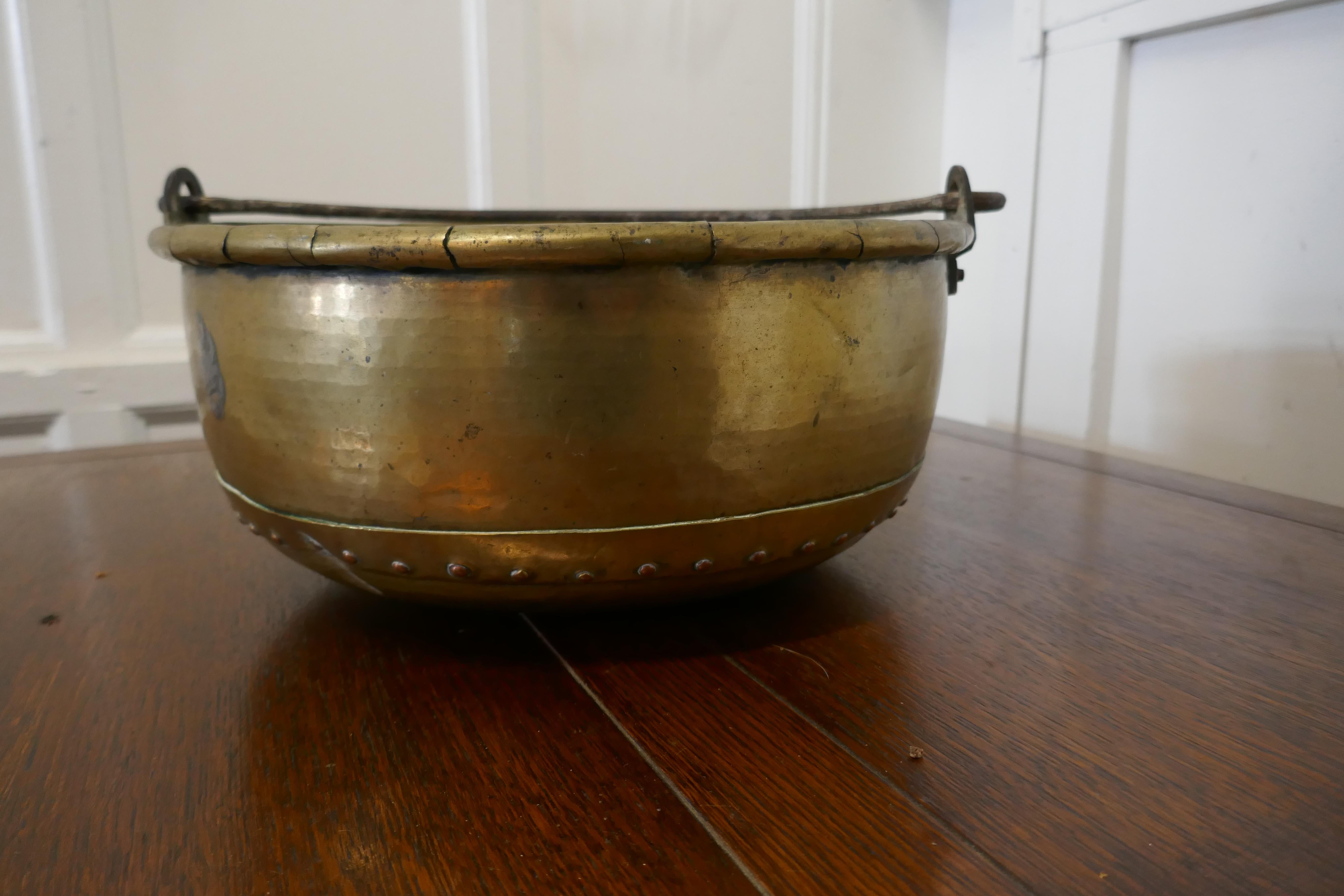 Country Large 19th Century Swing Handled Brass Pan For Sale