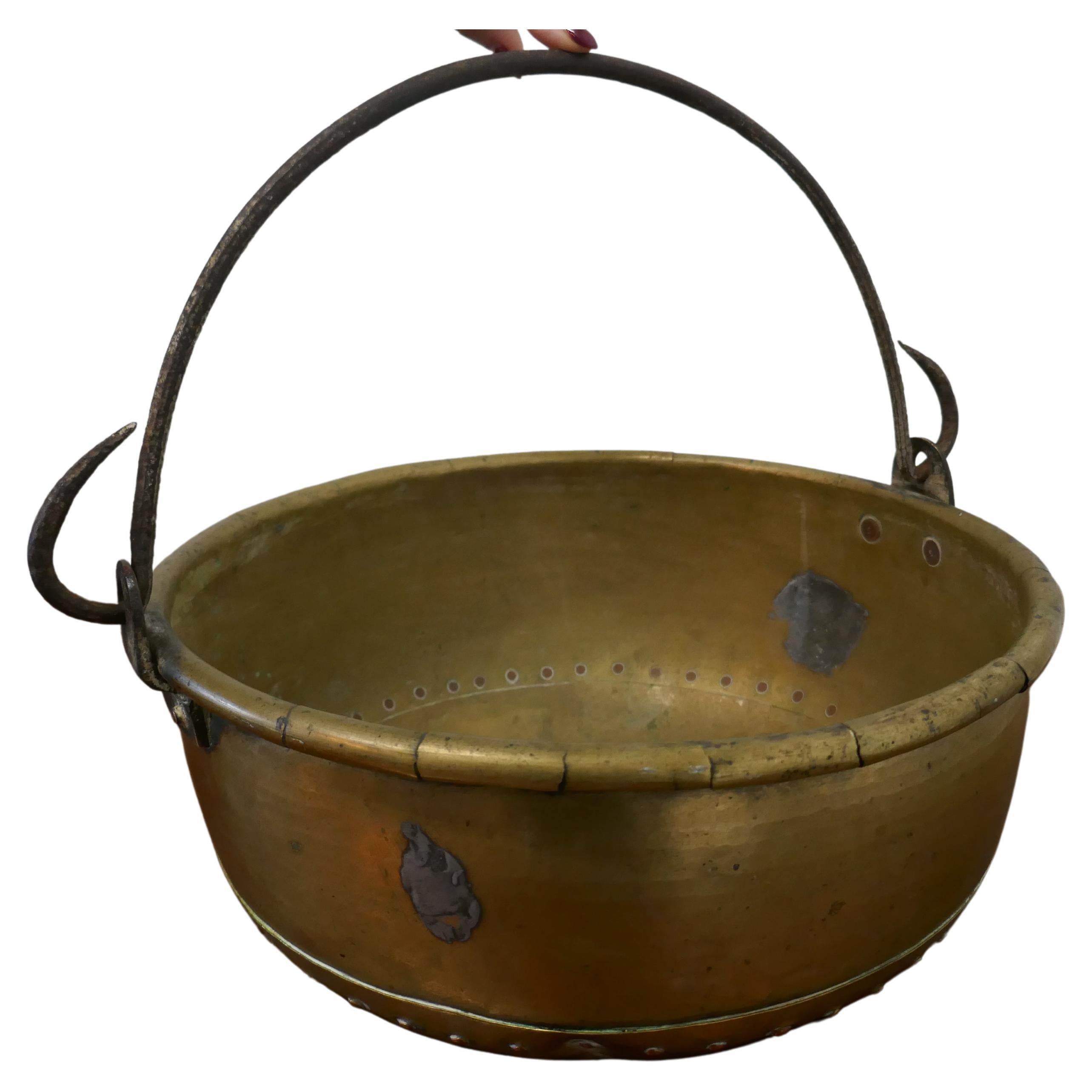 Large 19th Century Swing Handled Brass Pan For Sale