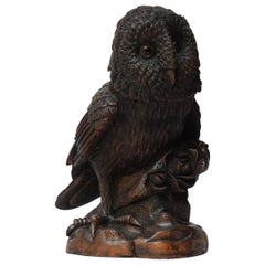 Antique Large 19th Century Swiss Brienz Black Forest Schwarzwald Owl Walnut Tobacco Jar