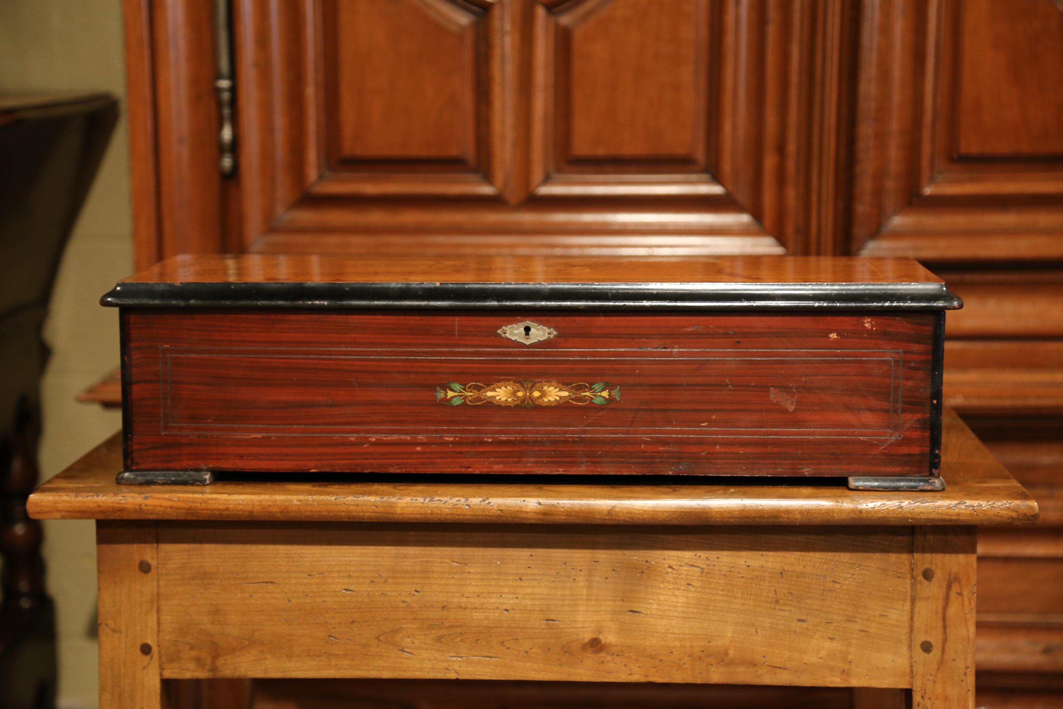 Tulipwood Large 19th Century Swiss Inlaid Walnut Cylinder Zither Music Box with 12 Songs