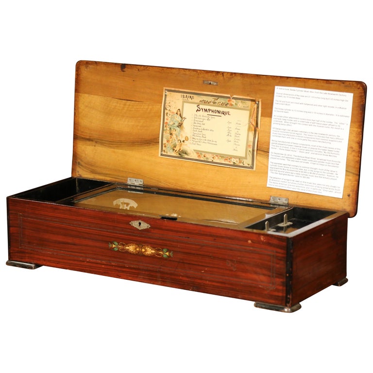 Large 19th Century Swiss Inlaid Walnut Cylinder Zither Music Box with