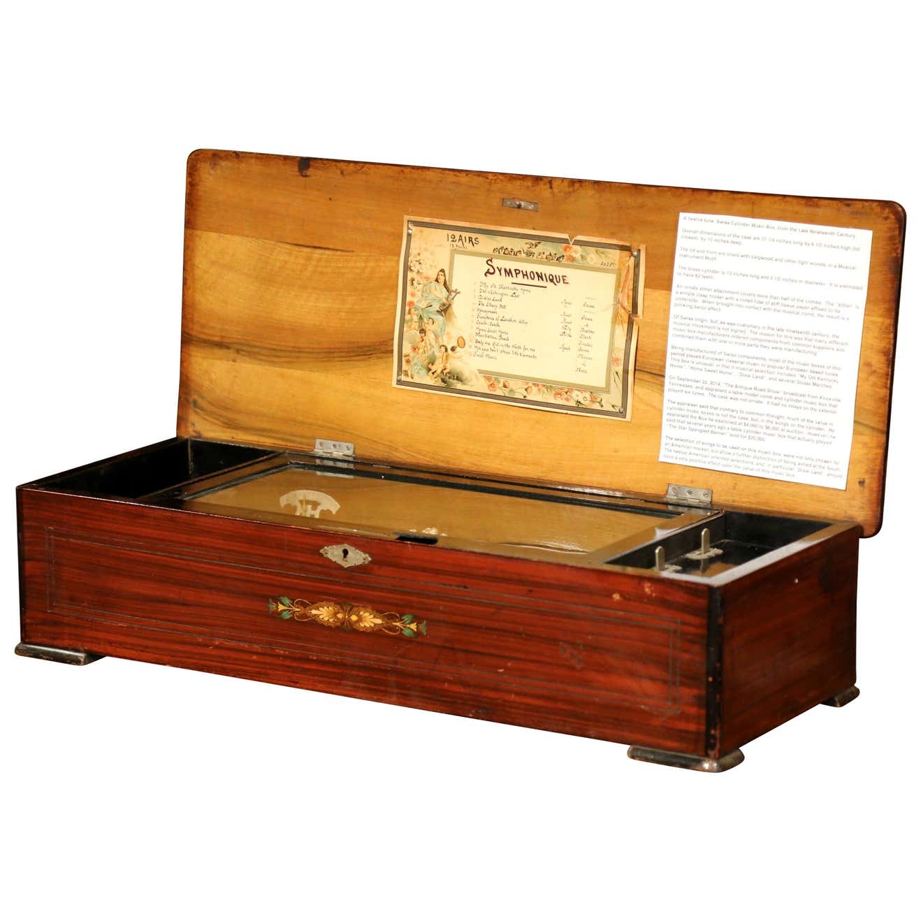 Zither Sound Box Large 19th Century Swiss Inlaid Walnut Cylinder Zither Music Box with ...