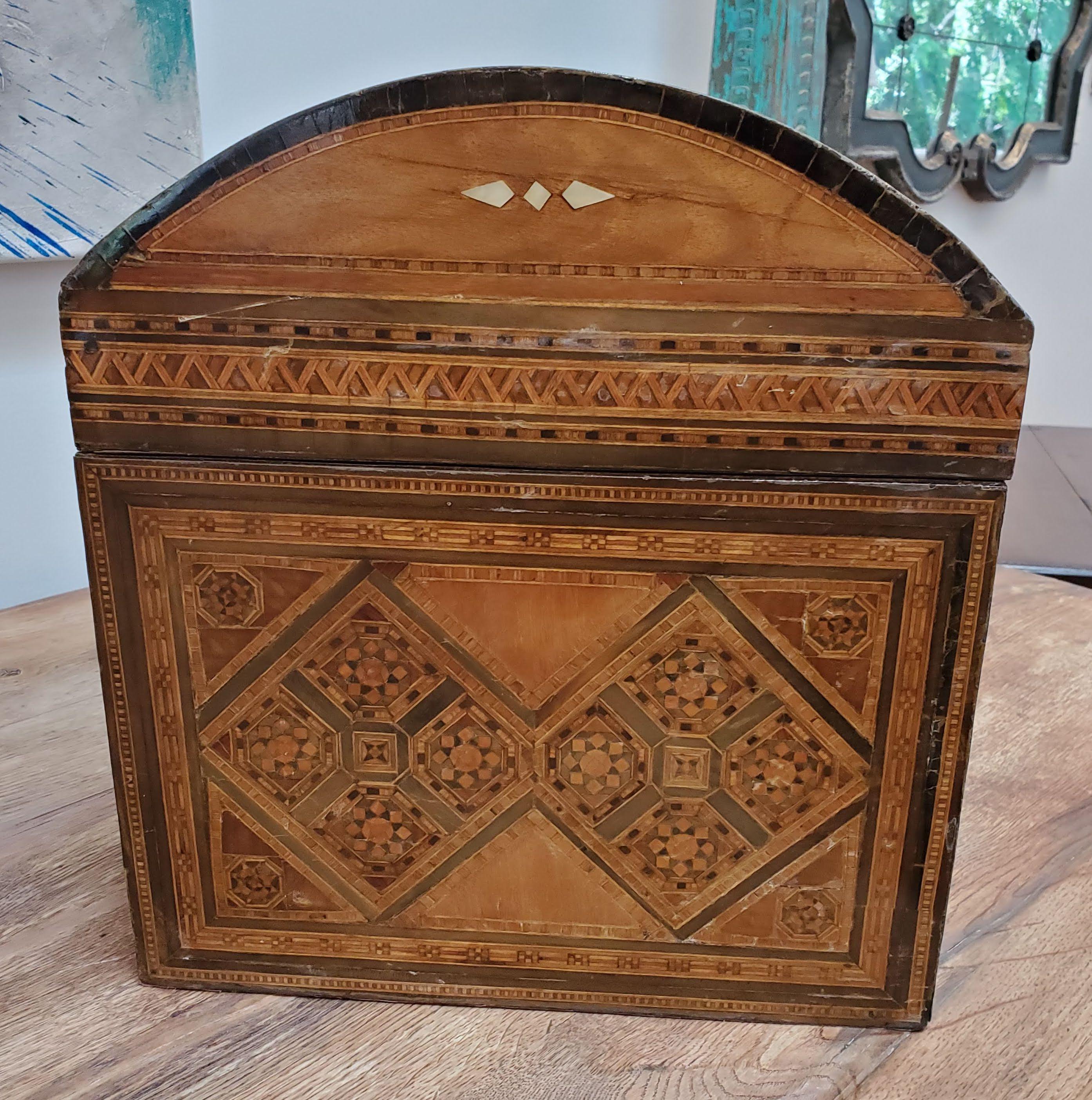 Moorish Large 19th Century Syrian Domed Box Inlaid with Exotic Woods & Mother of Pearl