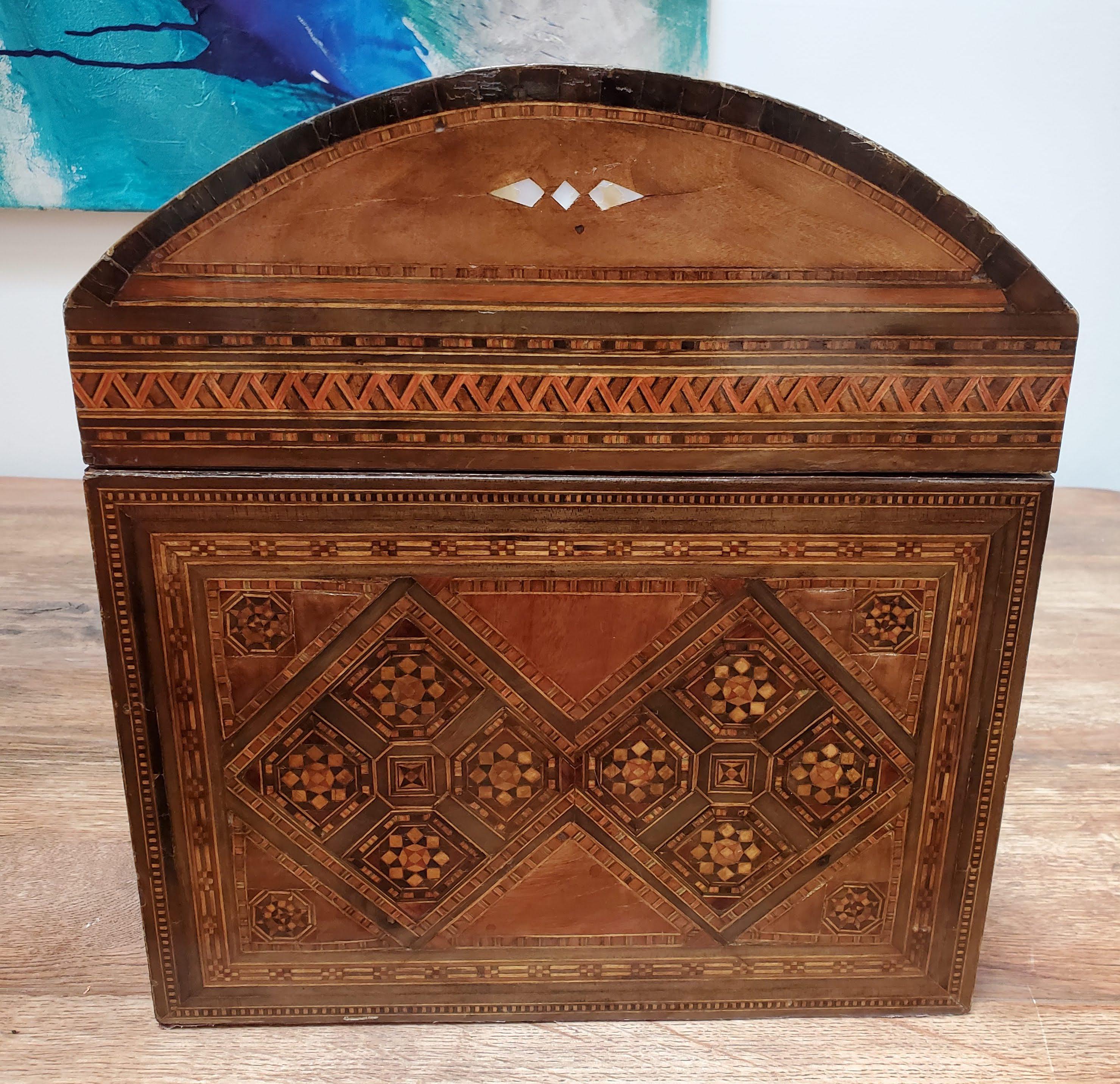 Mother-of-Pearl Large 19th Century Syrian Domed Box Inlaid with Exotic Woods & Mother of Pearl