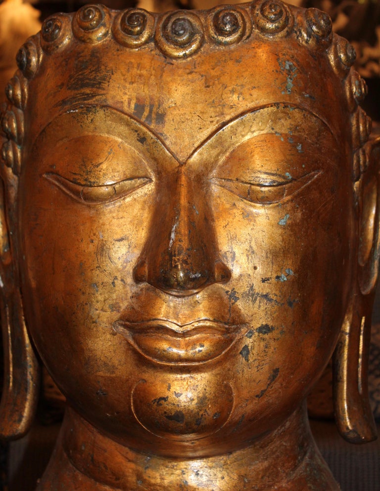 Large Thai Gilt Bronze Sculpture of Buddha's Head, circa 1900 For Sale