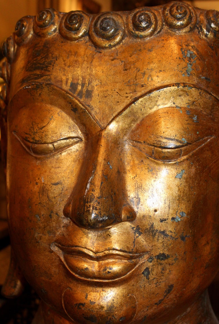 Large Thai Gilt Bronze Sculpture of Buddha's Head, circa 1900 For Sale