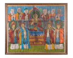 Large 19th Century Tibetan Thangka Painting of Buddha and Attendant Deities