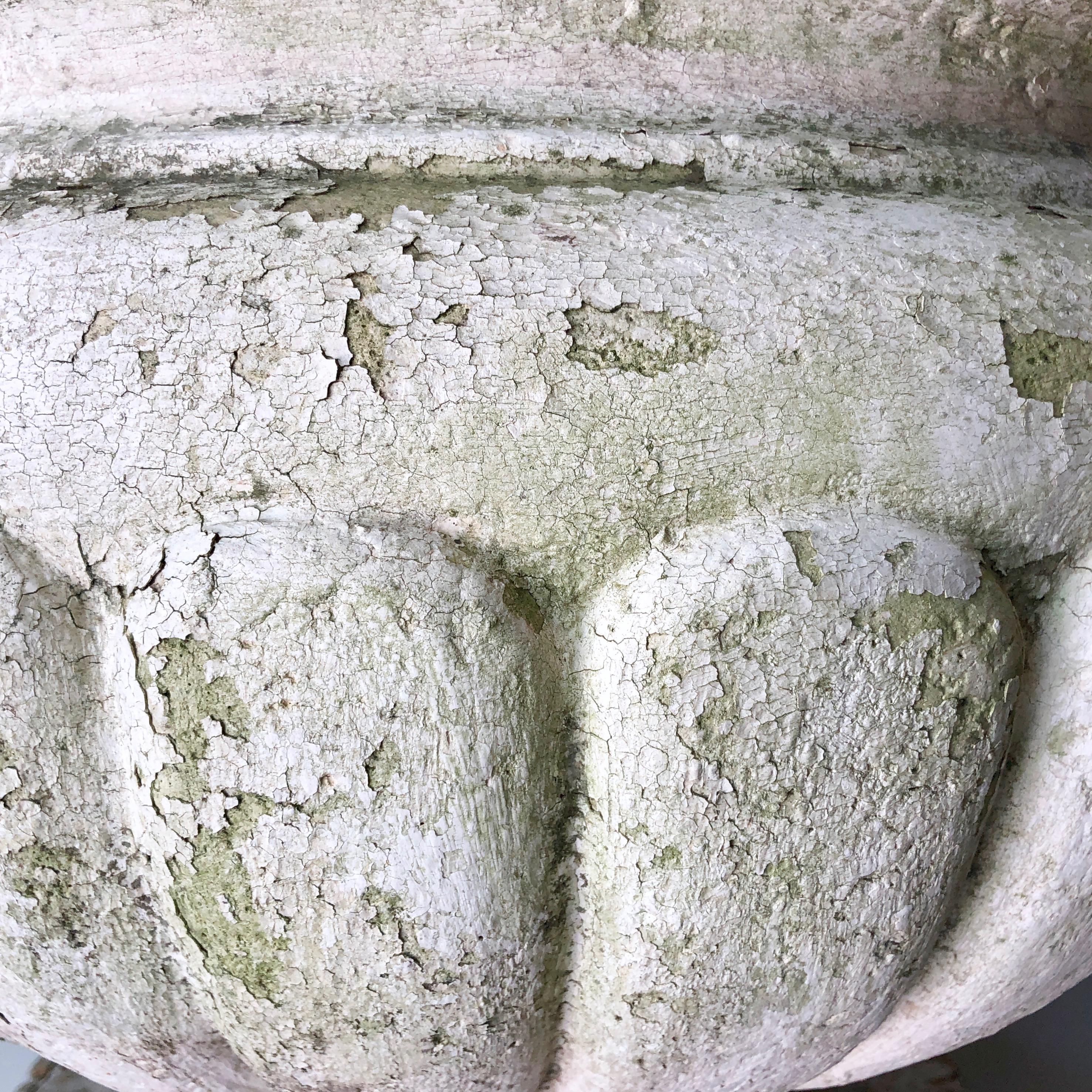 Very large 19th century French jardinière is in two separate sections, a round shaped base and a carved basin at the top with center draining hole.
Great weathered patina.
Base: Diameter 15
