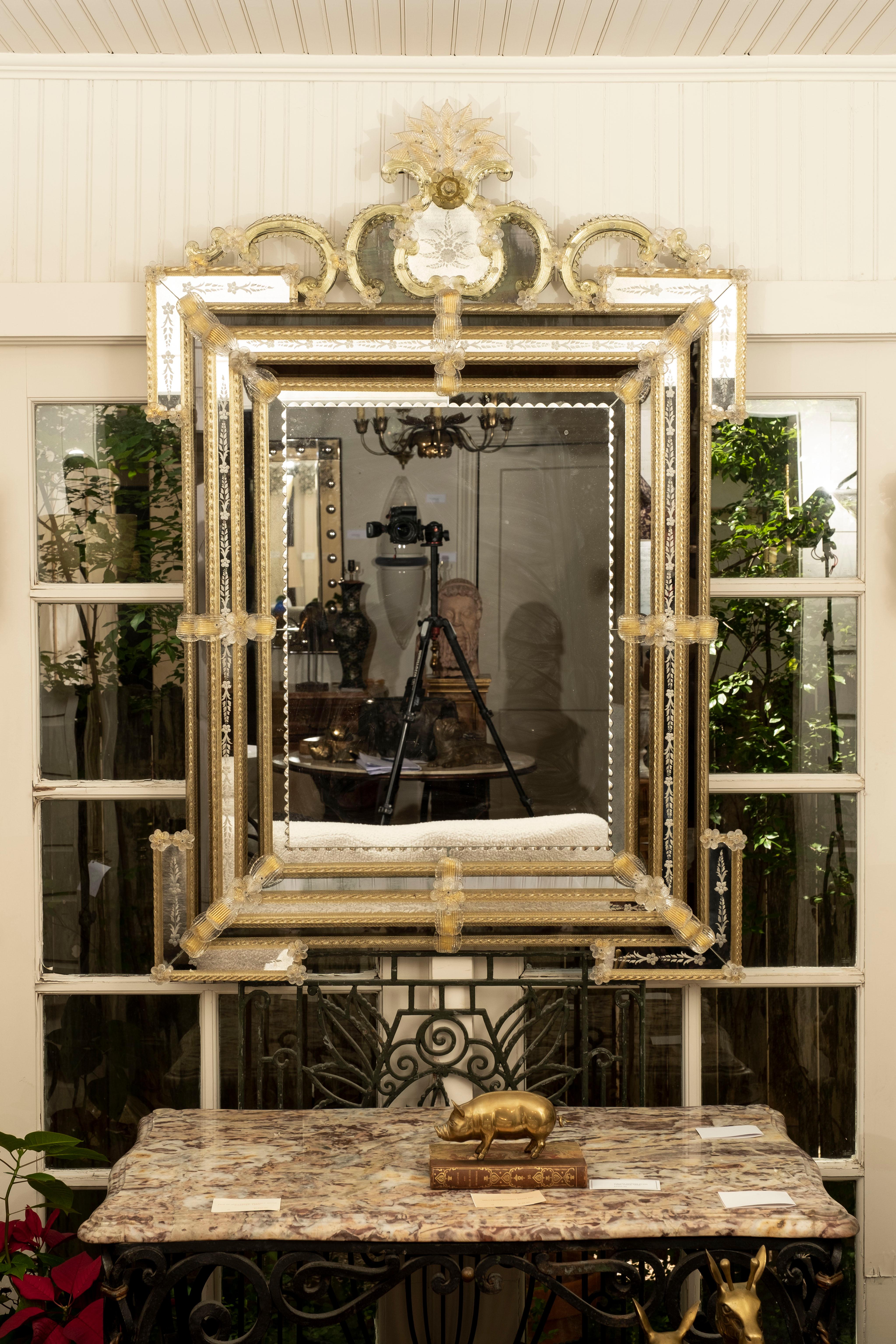 Baroque Large 19th Century Venetian Mirror-Etched and Beveled