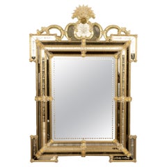 Antique Large 19th Century Venetian Mirror-Etched and Beveled