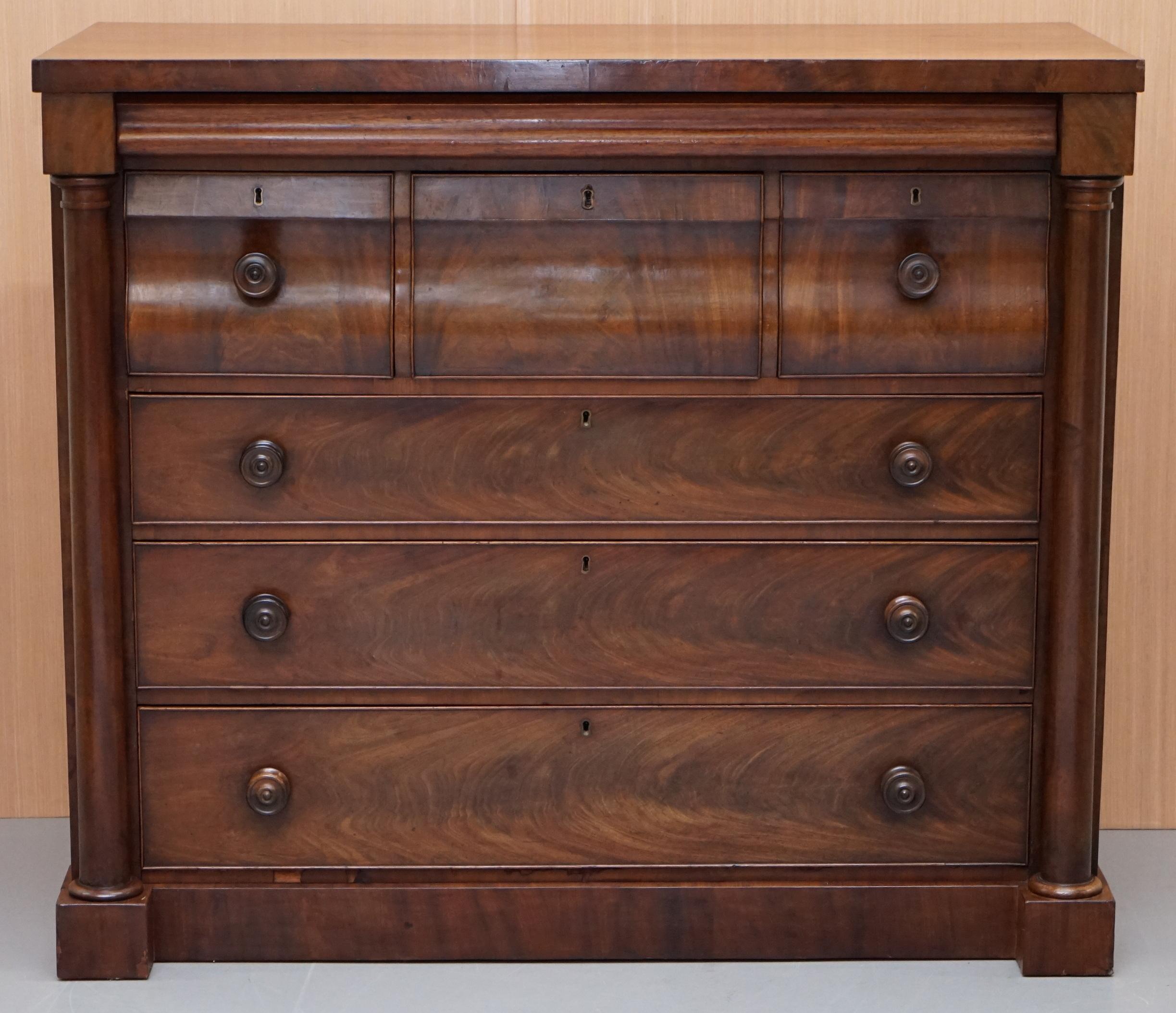 We are delighted to offer for sale this stunning large 19th century flamed mahogany chest of drawers 

A very good looking and functional piece of collectable furniture. These drawers are around 20% larger than standard pieces, they really command