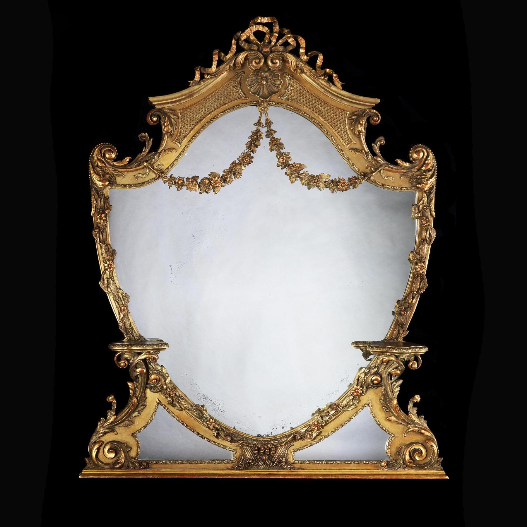 British Large 19th Century Victorian Giltwood and Gesso Overmantel Mirror of Cartouche