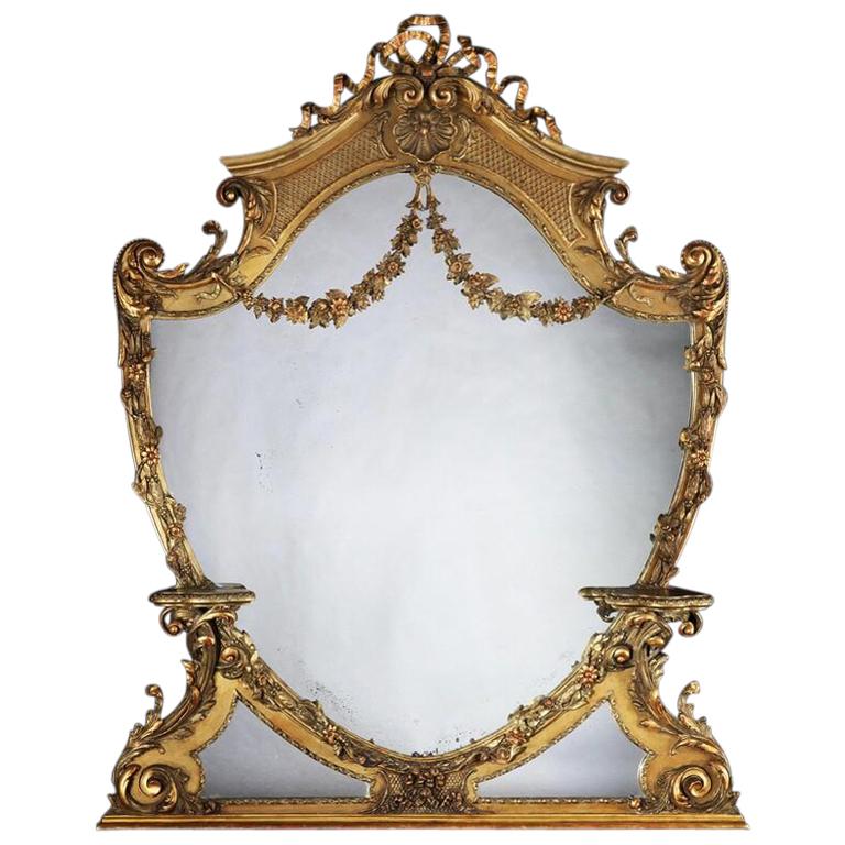 Large 19th Century Victorian Giltwood and Gesso Overmantel Mirror of Cartouche