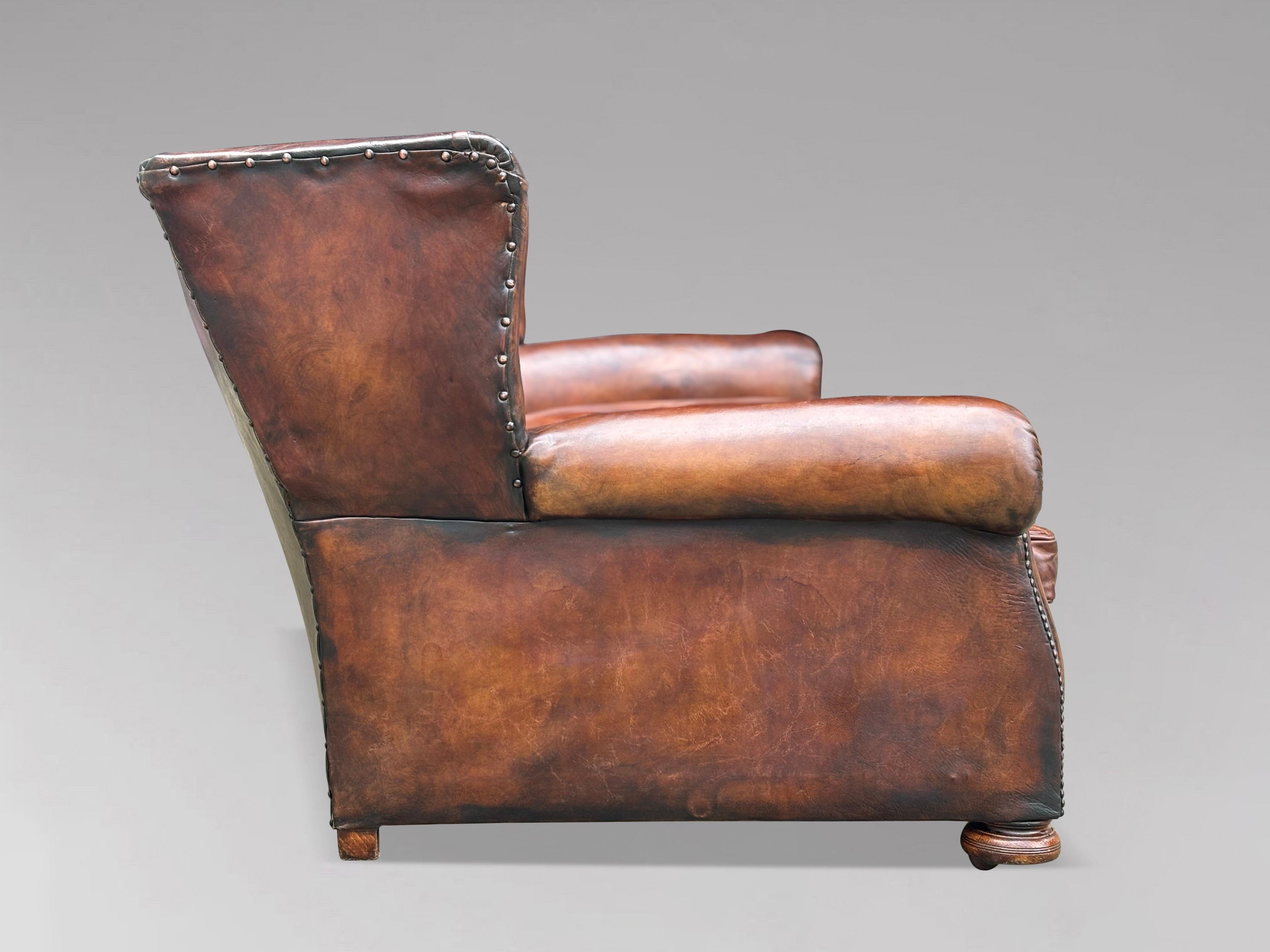 Large 19th Century Victorian Period Tan Leather Wing Back Sofa For Sale 3