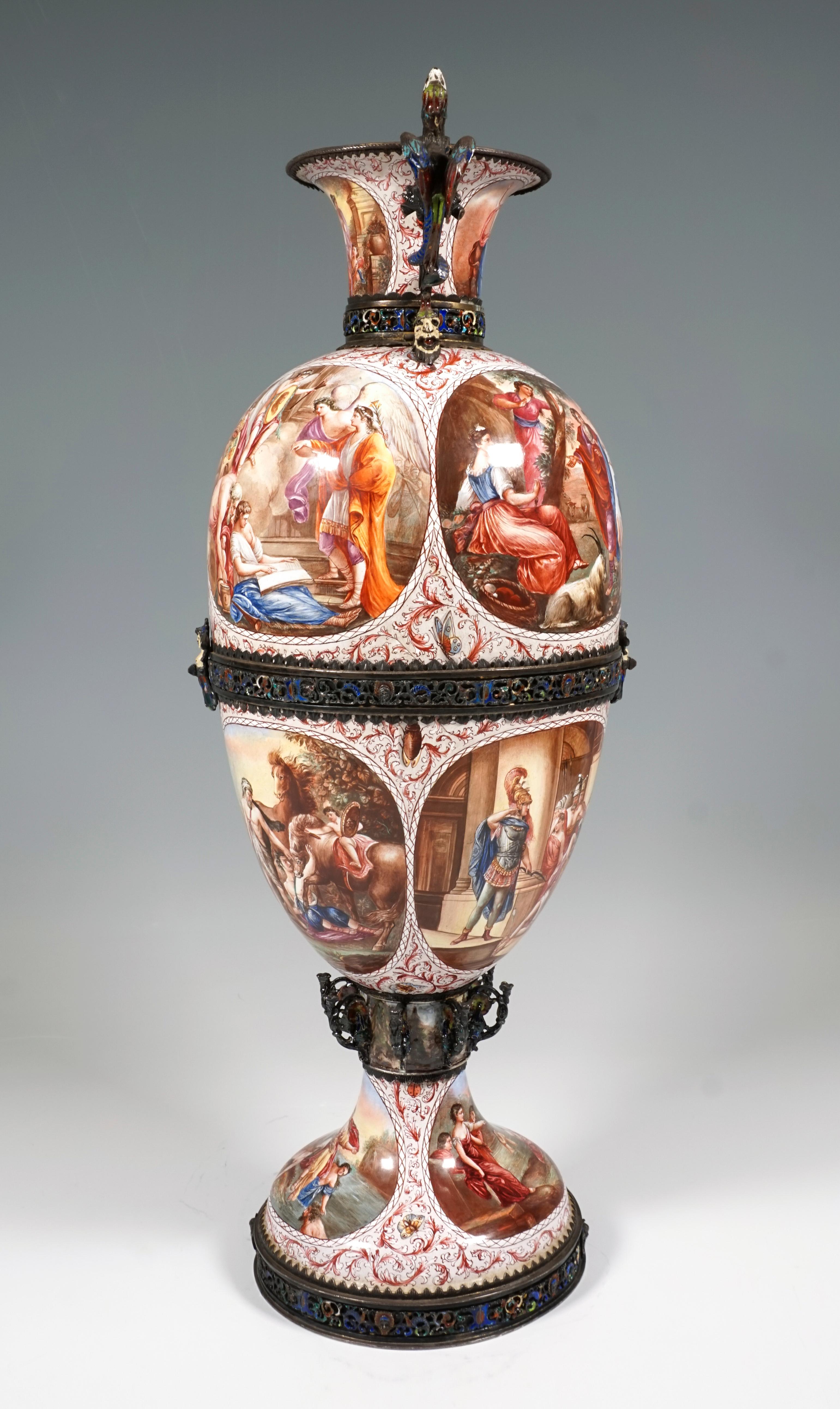 Finest Viennese Silver and Enamel Work from around 1870:
Large silver goblet in the form of an amphora: egg-shaped body with a raised, protruding base and a funnel-shaped opening with two raised rocaille handles with plastic dragons and mascarons