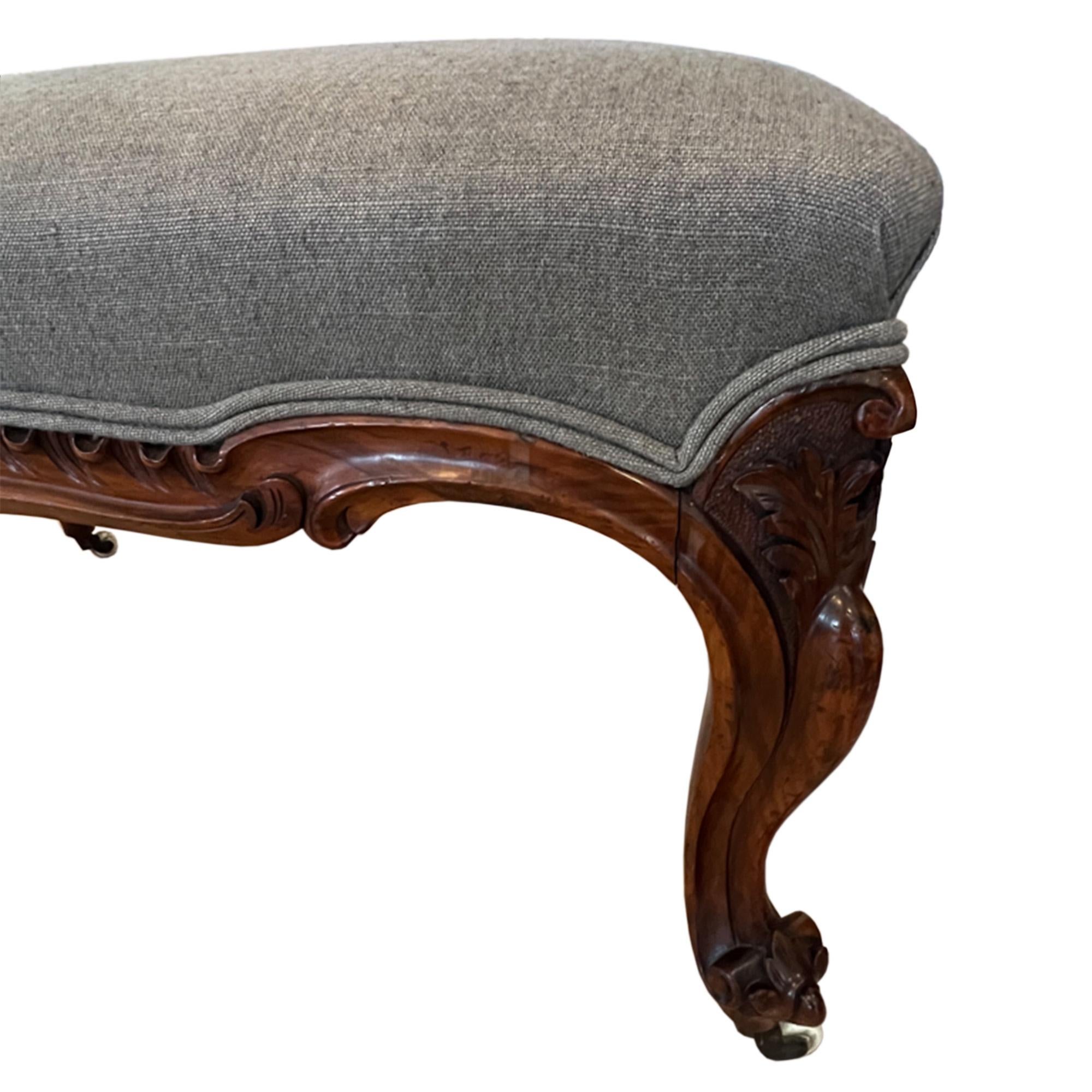 Carved Large 19th Century Walnut Upholstered Foot Stool For Sale