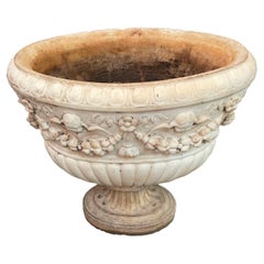 Antique Large 19th Century White Marble Oval Urn with Cherub Motif