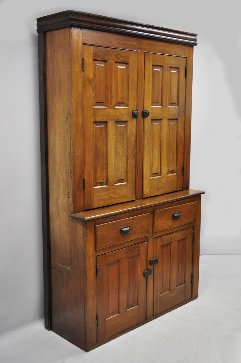 Large 19th Century Wood Tall Blind Doors Cupboard Cabinet Step