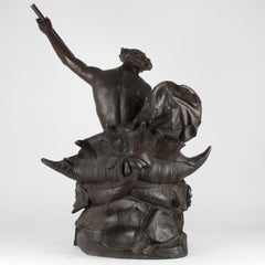 Large 19th Century Zamac Statue Depicting Neptune Sitting on Two Dolphins