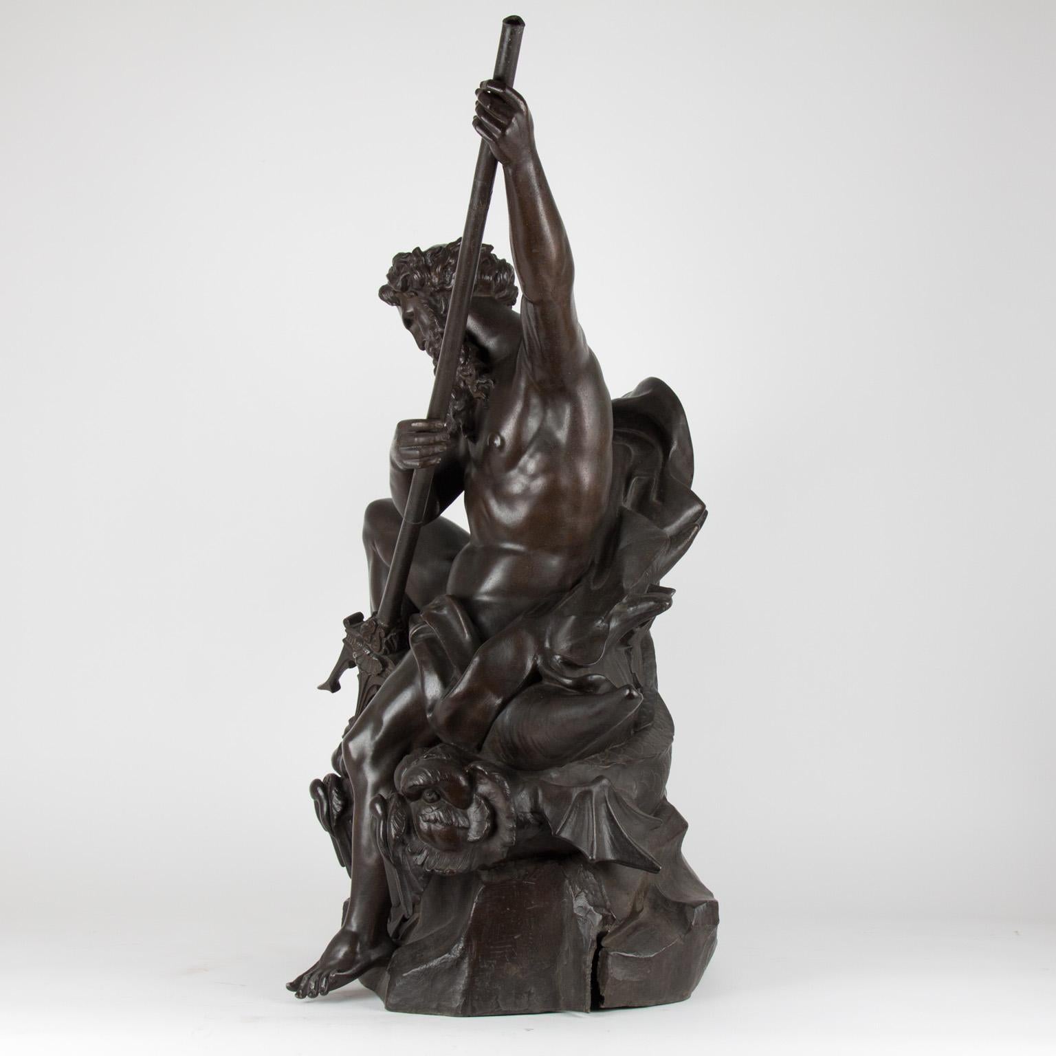 German Large 19th Century Zamac Statue Depicting Neptune Sitting on Two Dolphins