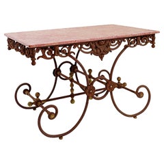 Gran mesa de carnicero francesa del siglo XIX de hierro forjado y mármol rojo