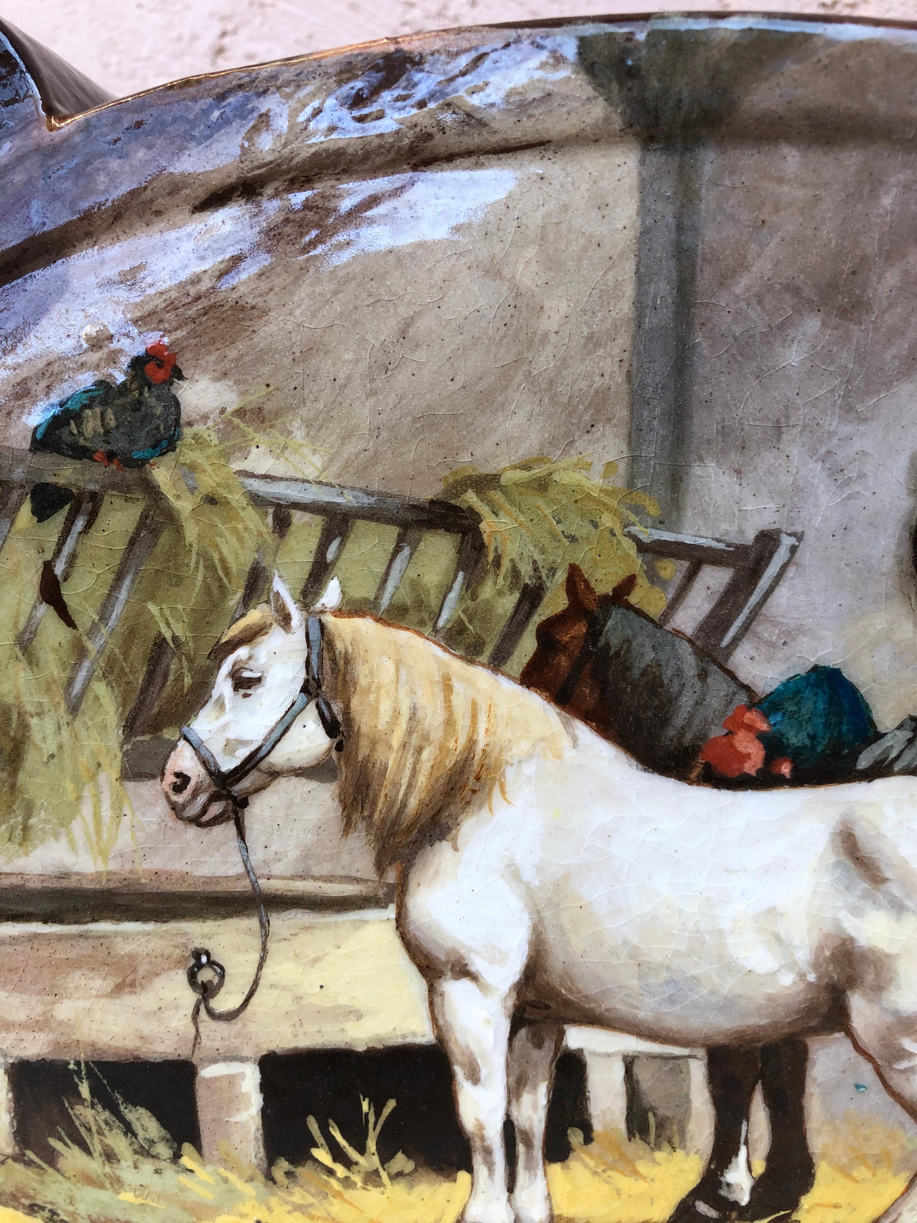 Peint à la main Grande jardinière française du 19e siècle avec chevaux et grange Albert Lebarque en vente