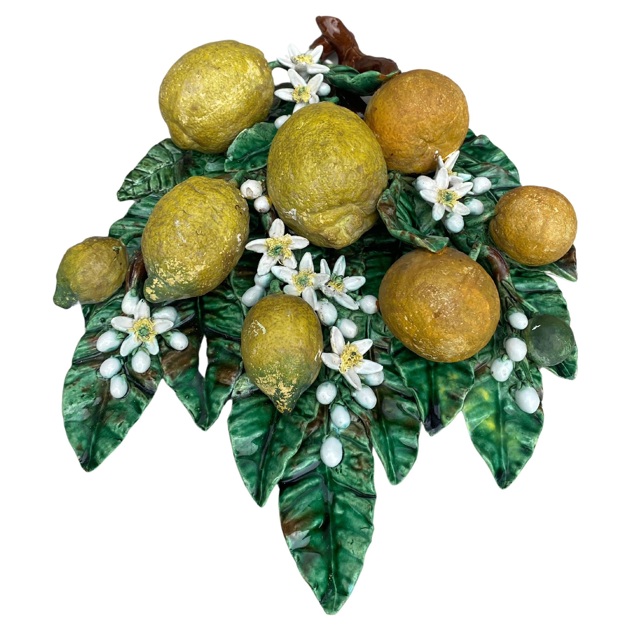 French Large 19th Majolica Oranges & Lemons Applique Perret Gentil Menton For Sale