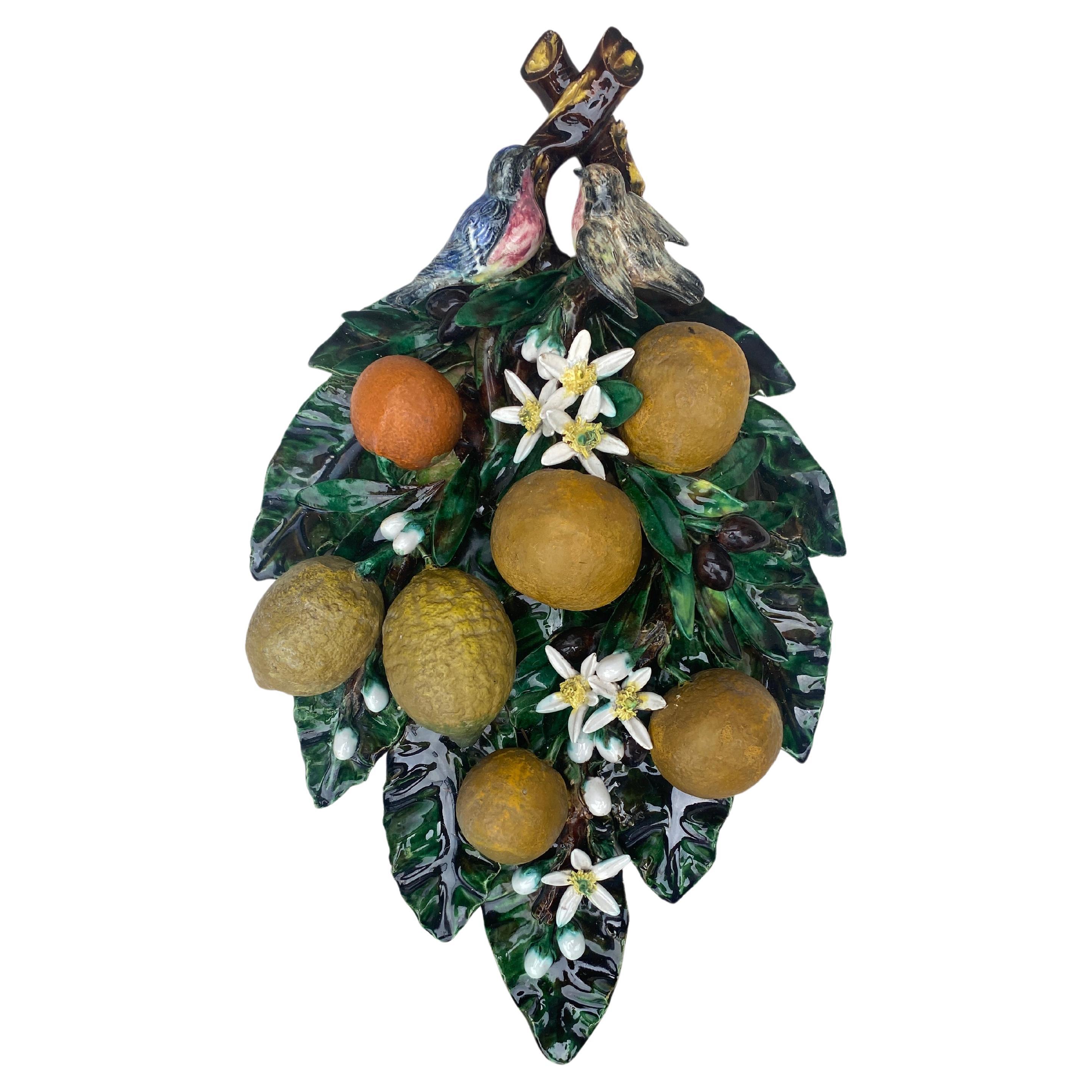 Large 19th Majolica Oranges Lemons 
Birds Applique Perret Gentil Menton