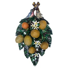 Large 19th Majolica Oranges Lemons & Birds Applique Perret Gentil Menton