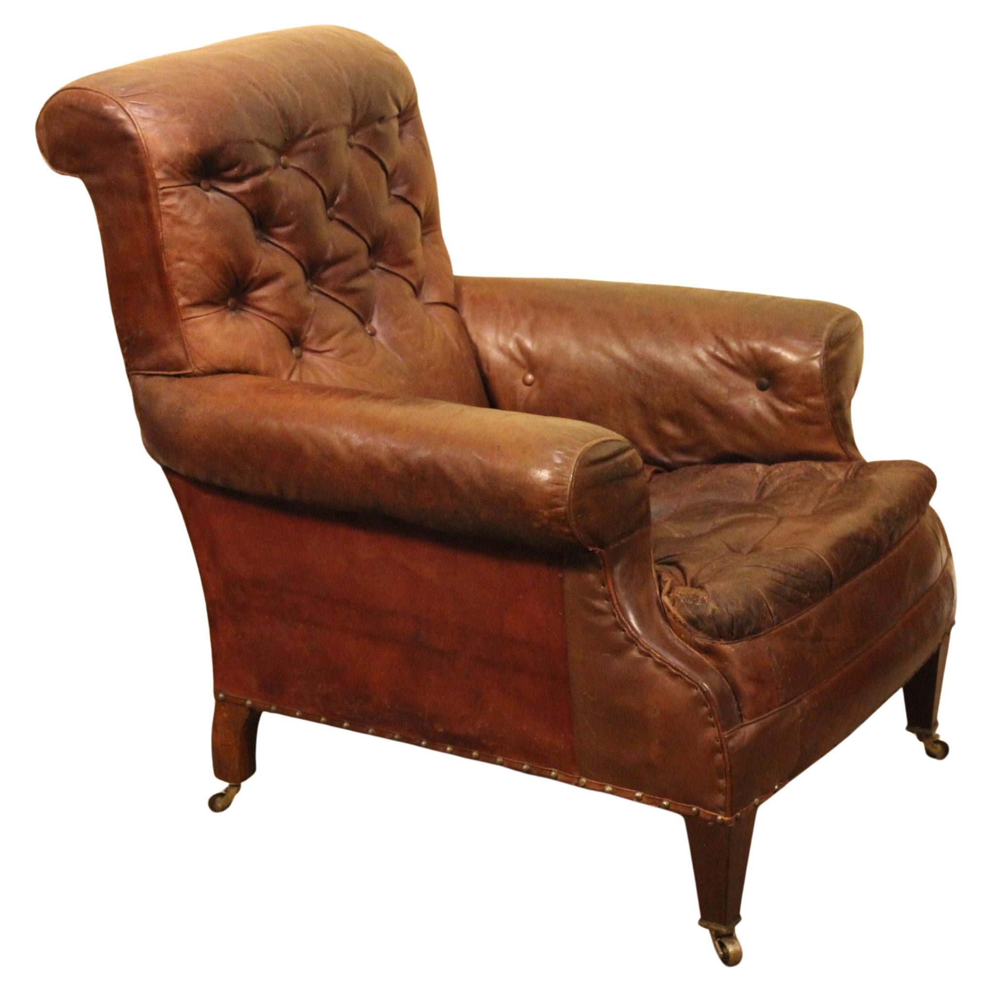 Large 19th C. Button Back Leather Armchair For Sale