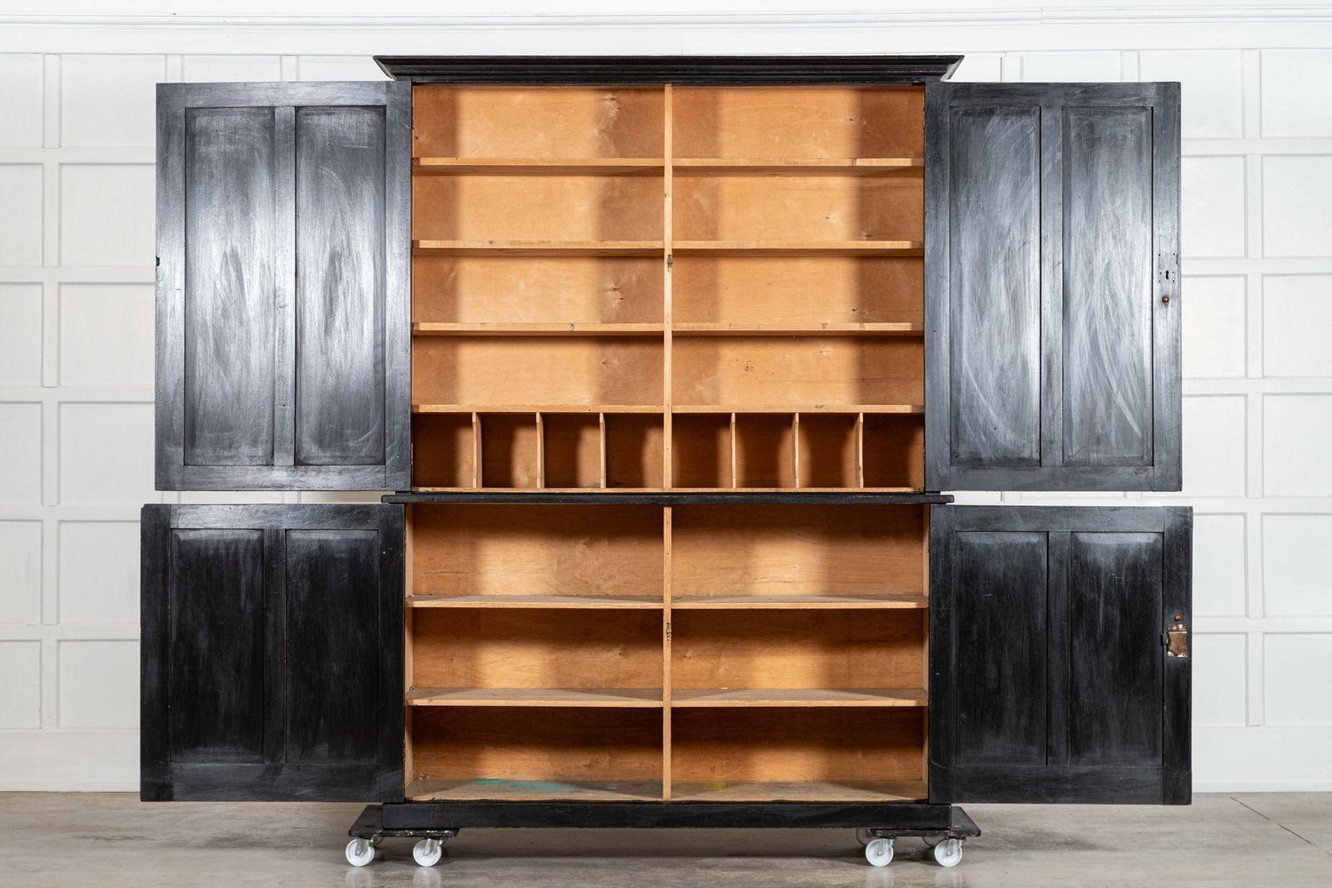 circa 1890
Large 19thC Ebonised English Ash Linen Cupboard
sku 2042
Together W164 x D52 x H214 cm
Base W156.5 x D52 x H91 cm
Base internal shelf depth 46 cm
Top W164 x D39 x H123 cm
Top internal shelf depth 28 cm
Weight 118Kg