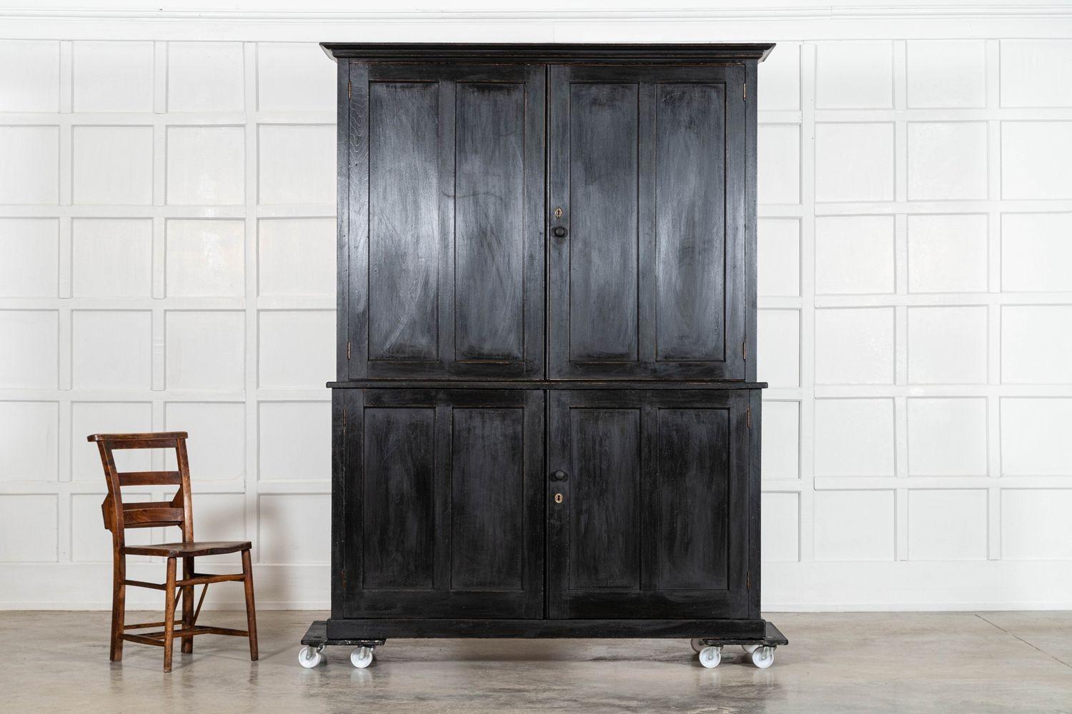 19th Century Large 19thC Ebonised English Ash Linen Cupboard For Sale
