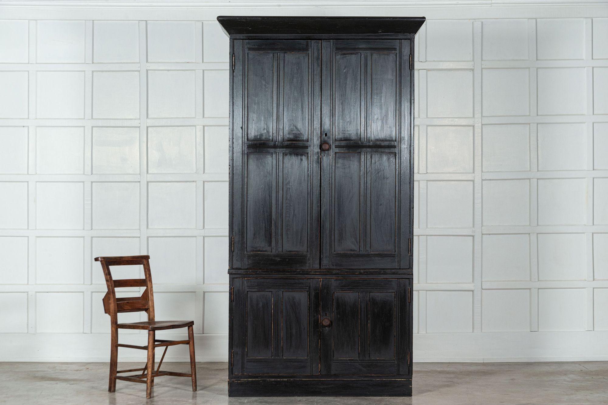 Large 19thC Ebonised English Pine Housekeepers Cupboard In Good Condition For Sale In Staffordshire, GB