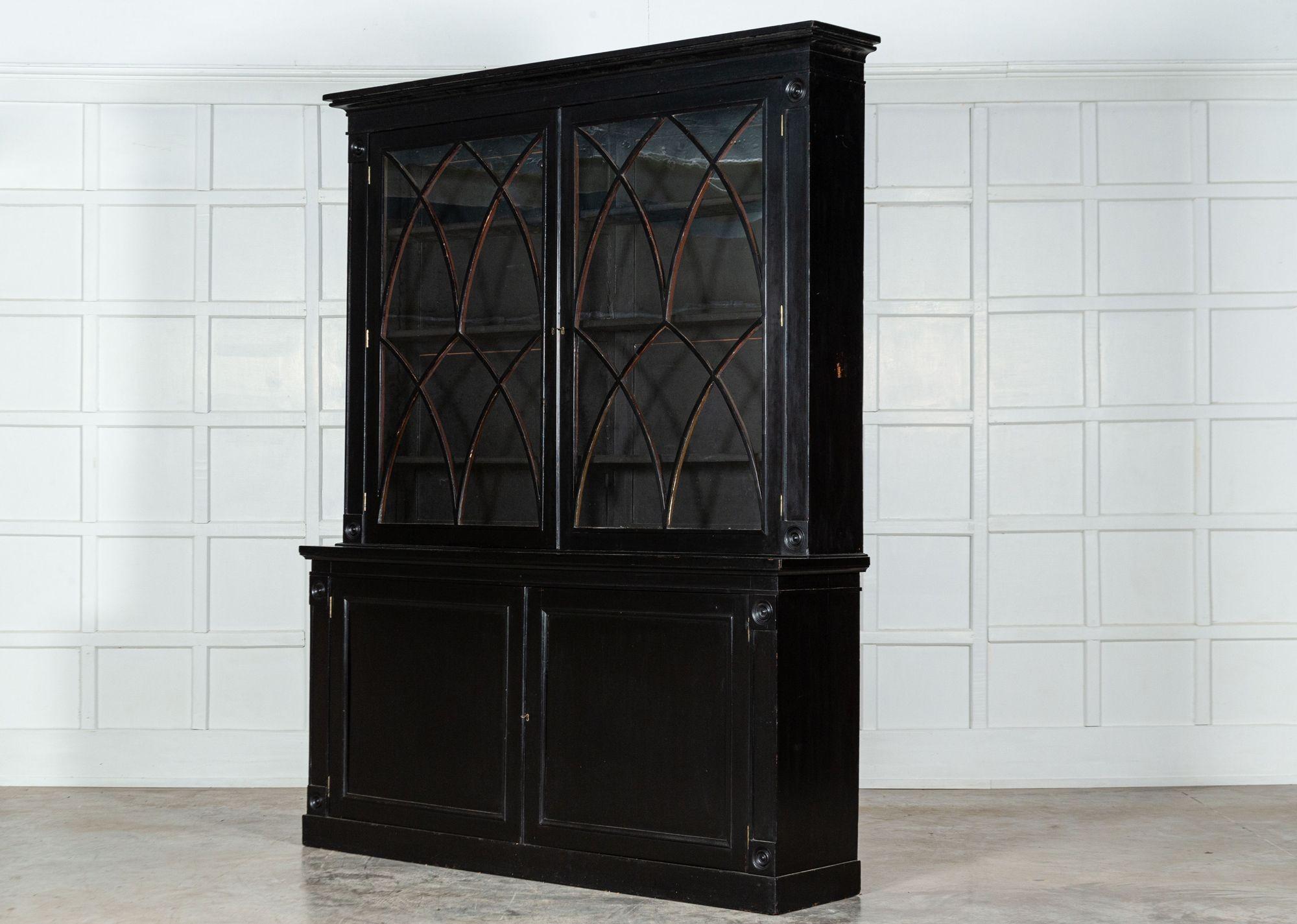 Large 19th Century English Astral Glazed Ebonized & Lacquered Bookcase Cabinet In Good Condition In Staffordshire, GB