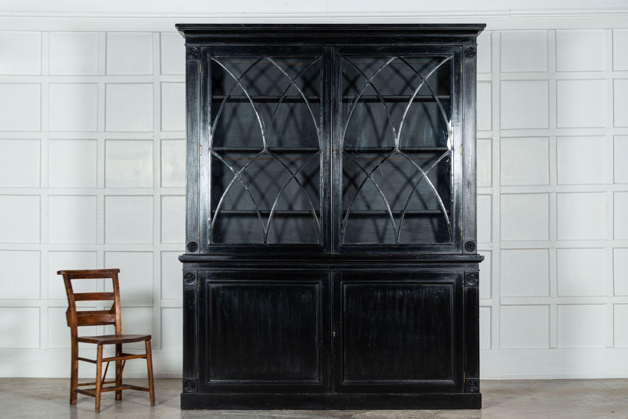Mahogany Large 19th Century English Astral Glazed Ebonized & Lacquered Bookcase Cabinet