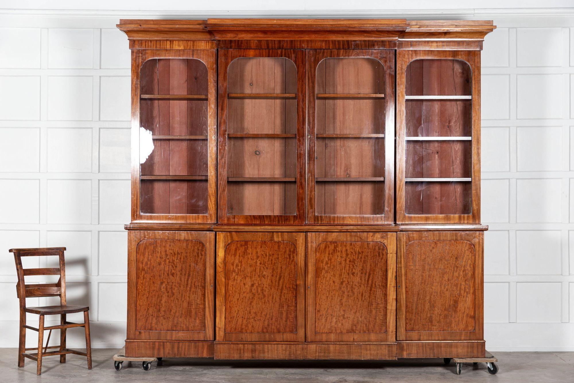 19th Century Large 19thC English Breakfront Glazed Mahogany Collectors Cabinet / Bookcase For Sale