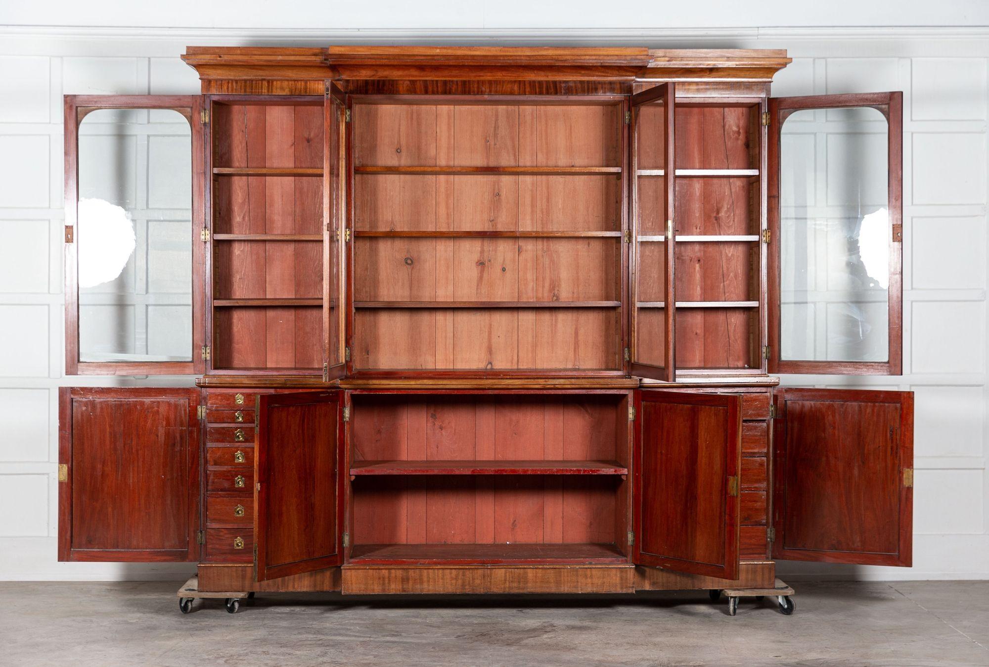 Large 19thC English Breakfront Glazed Mahogany Collectors Cabinet / Bookcase For Sale 1