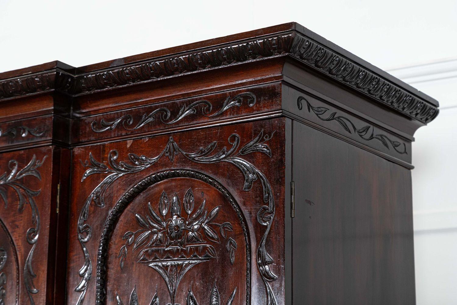 Large 19thC English Breakfront Mahogany Carved Linen Press For Sale 8