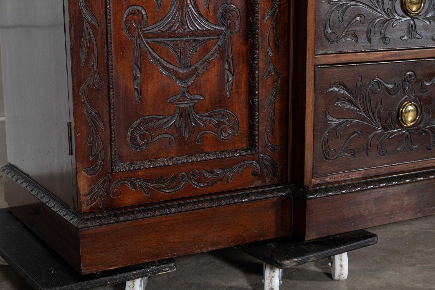 Large 19thC English Breakfront Mahogany Carved Linen Press For Sale 10