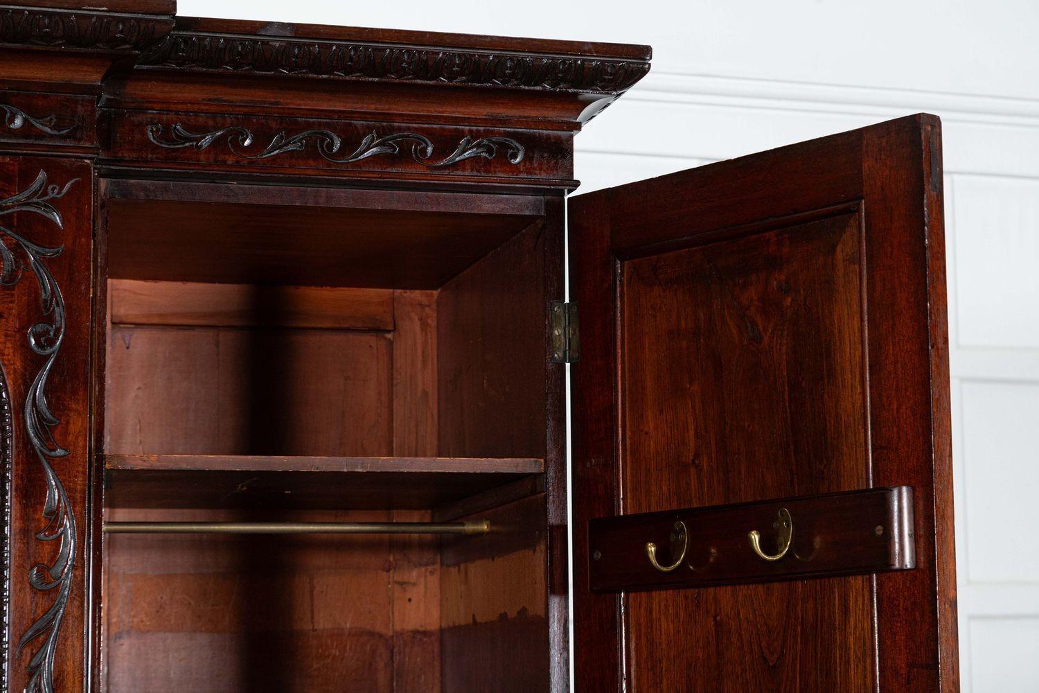 Large 19thC English Breakfront Mahogany Carved Linen Press For Sale 11