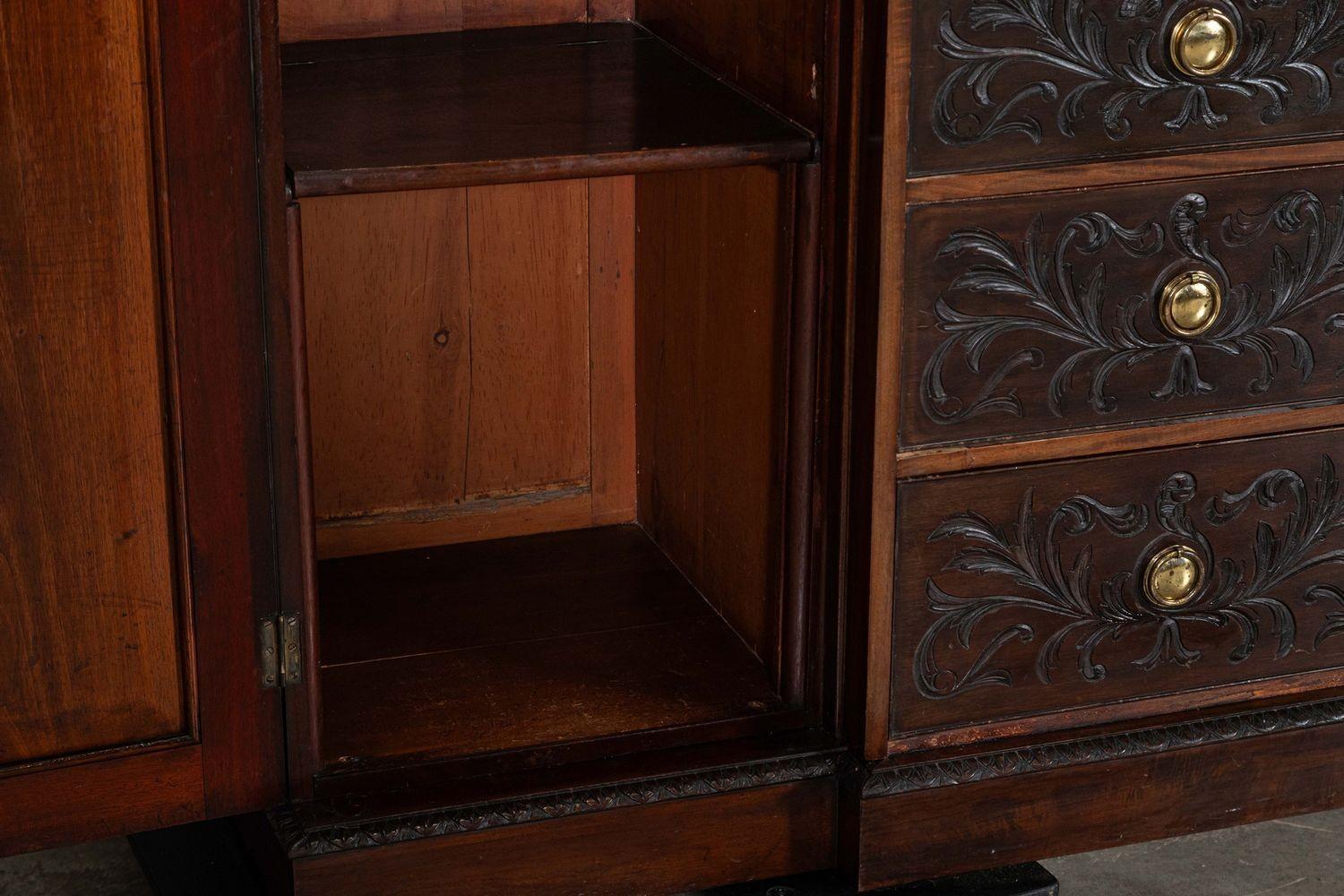 Large 19thC English Breakfront Mahogany Carved Linen Press For Sale 12