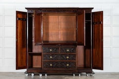 Large 19thC English Breakfront Mahogany Carved Linen Press