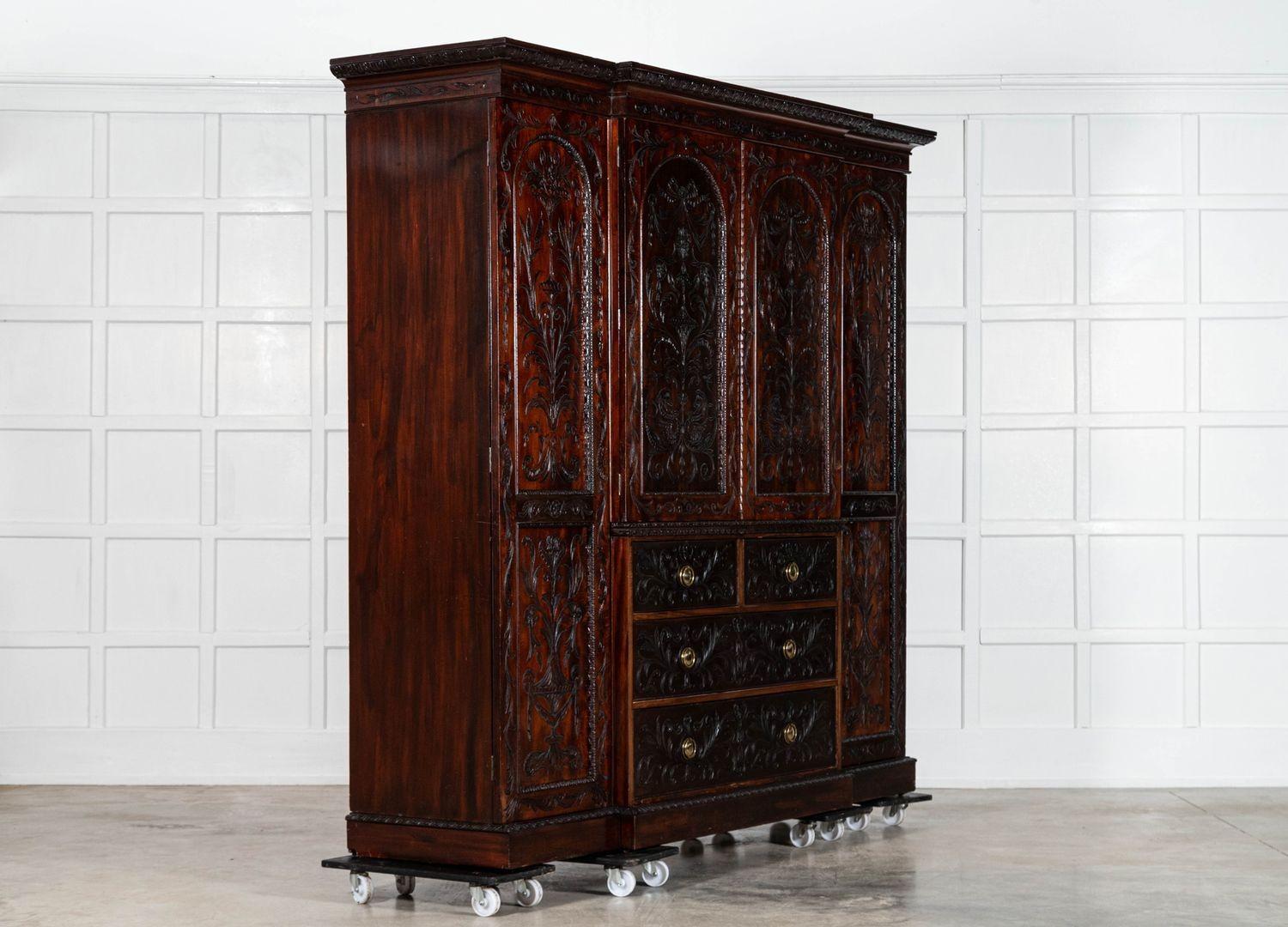19th Century Large 19thC English Breakfront Mahogany Carved Linen Press For Sale