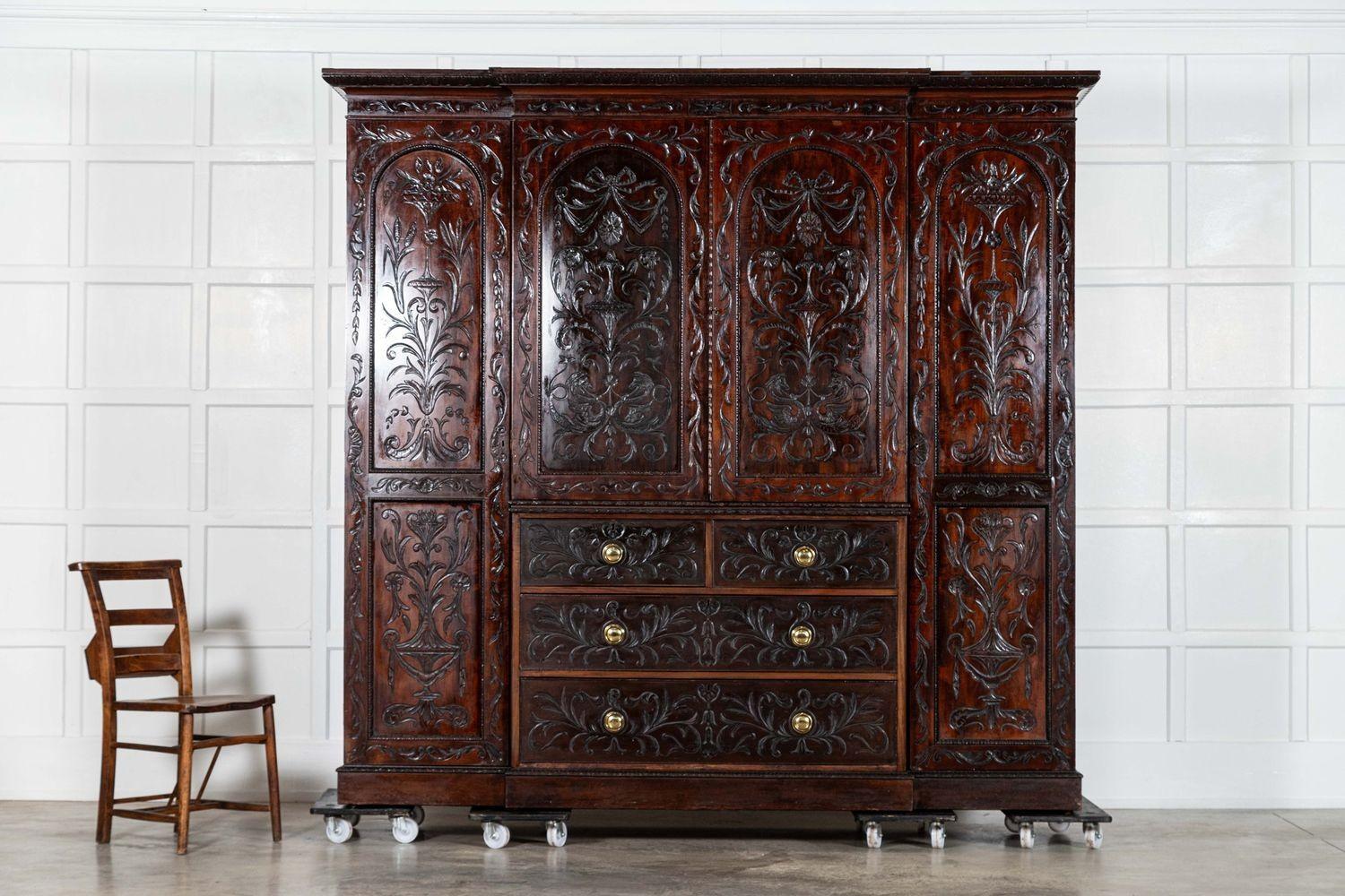 Large 19thC English Breakfront Mahogany Carved Linen Press For Sale 1