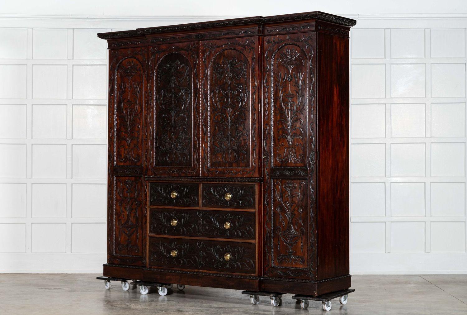 Large 19thC English Breakfront Mahogany Carved Linen Press For Sale 2
