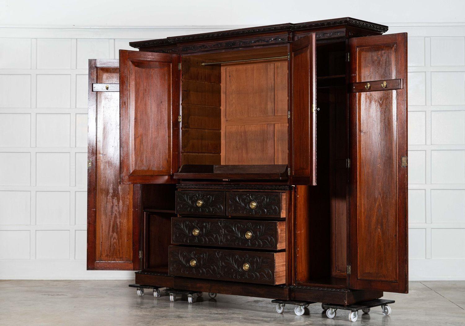 Large 19thC English Breakfront Mahogany Carved Linen Press For Sale 3